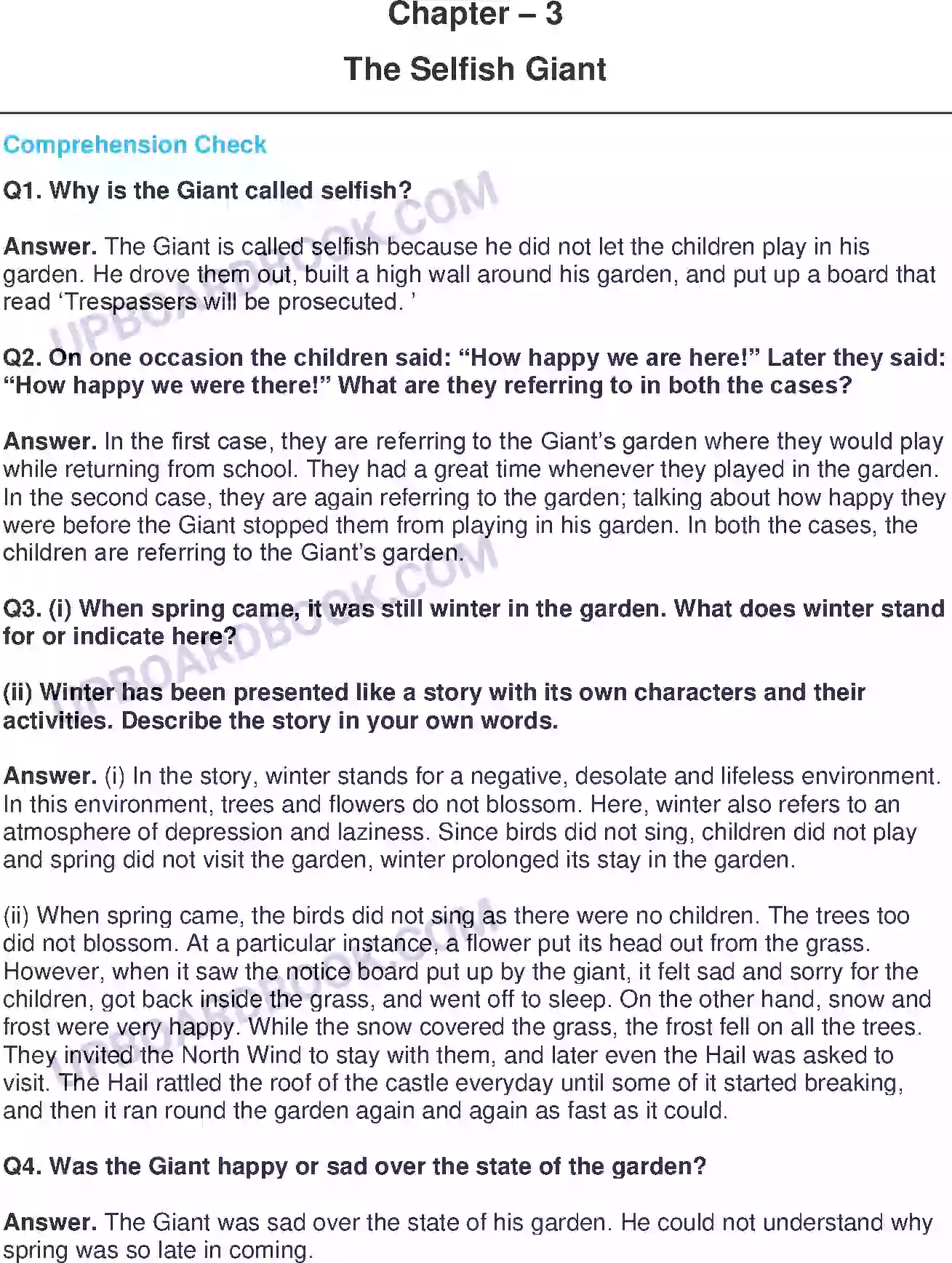 UP Board class 8 English 3. The Selfish Giant Solution PDF - UPBoardBook